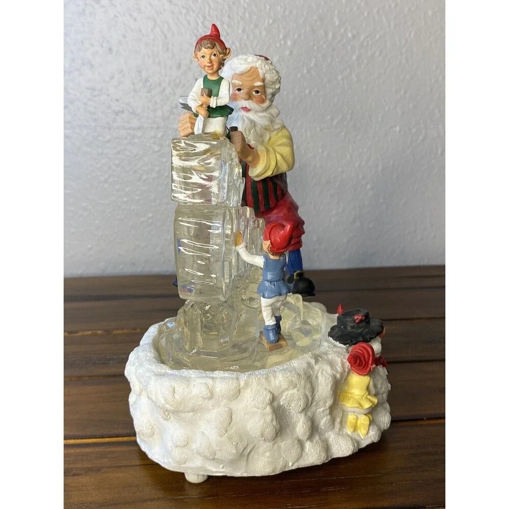 Vintage Santa Claus Elves Musical Lighted MERRY CHRISTMAS Ice Carving 7.5” Gift